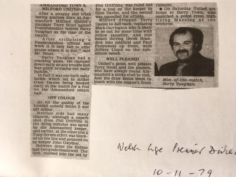 Barry - sporting his Zipata moustache - when Terry Scutt praised him as a Milford United game